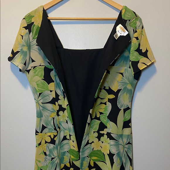 Talbots Pure Silk Floral Dress 12 Black Yellow Green Short Sleeve Lined Midi - Picture 12 of 15